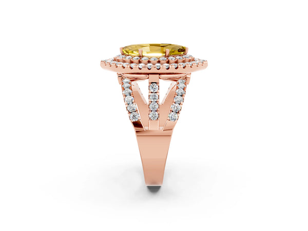 Rose gold Marquise Cut Yellow Sapphire Double Halo Ring with Round Pavé Split Shank and Prong Setting
