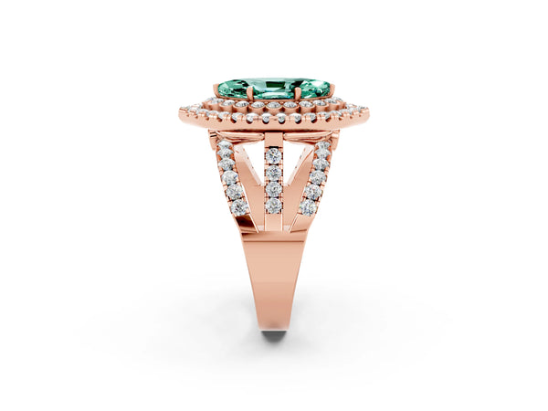 Rose gold Marquise Cut Green Sapphire Double Halo Ring with Round Pavé Split Shank and Prong Setting
