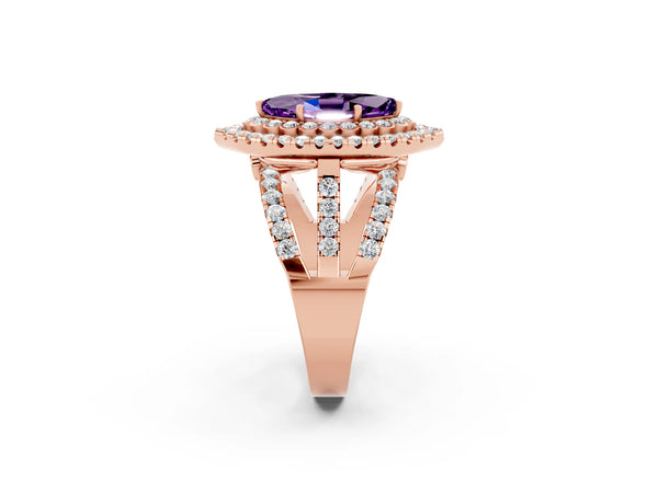 Rose gold Marquise Cut Amethyst Double Halo Ring with Round Pavé Split Shank and Prong Setting