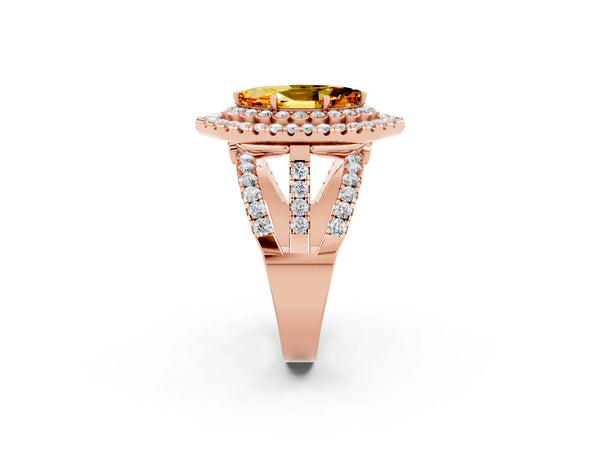 Rose gold Marquise Cut Citrine Double Halo Ring with Round Pavé Split Shank and Prong Setting