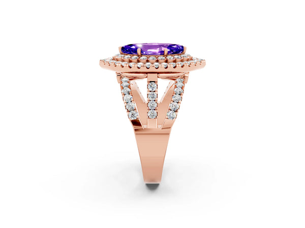 Rose gold Marquise Cut Tanzanite Double Halo Ring with Round Pavé Split Shank and Prong Setting