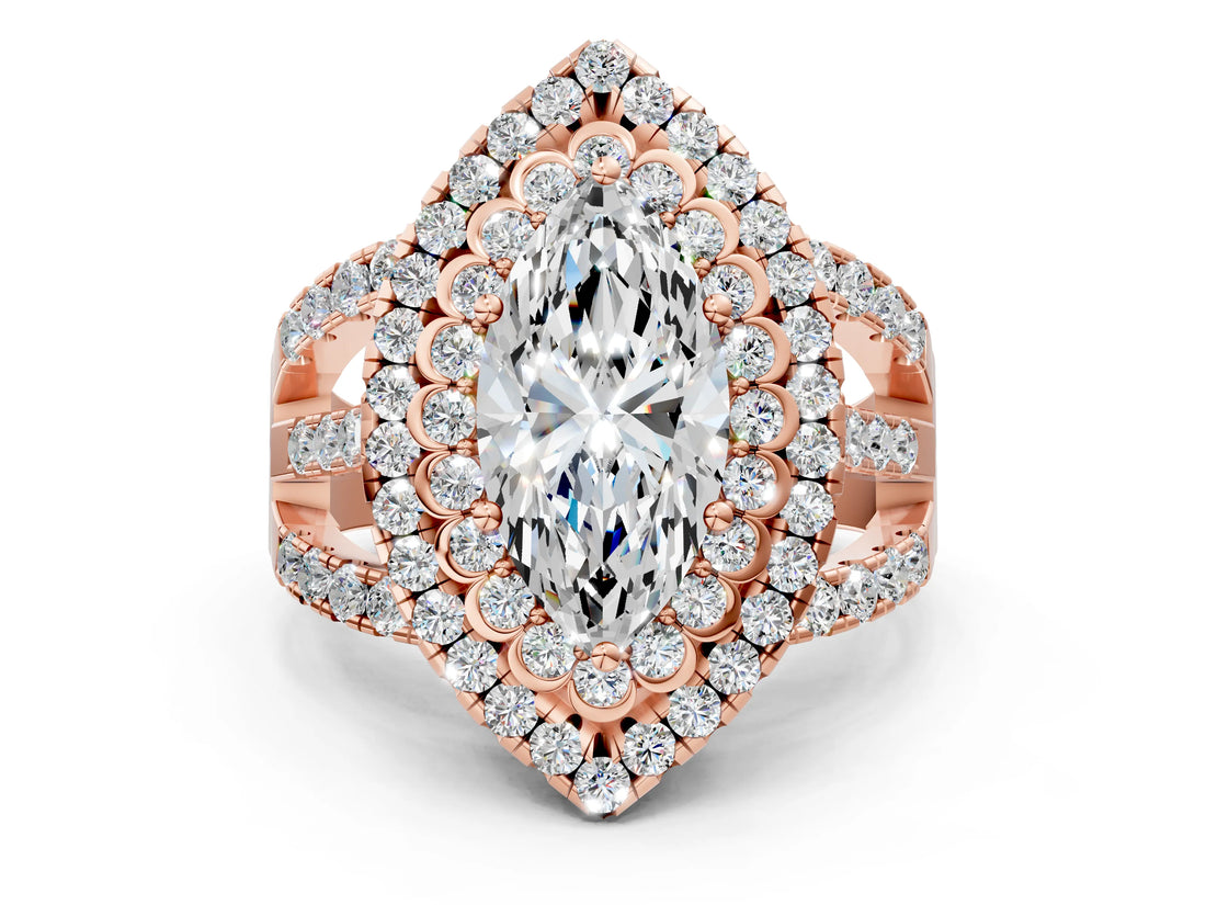 Rose gold Double Halo Marquise Cut Diamond Split Shank Pave Set Ring_3
