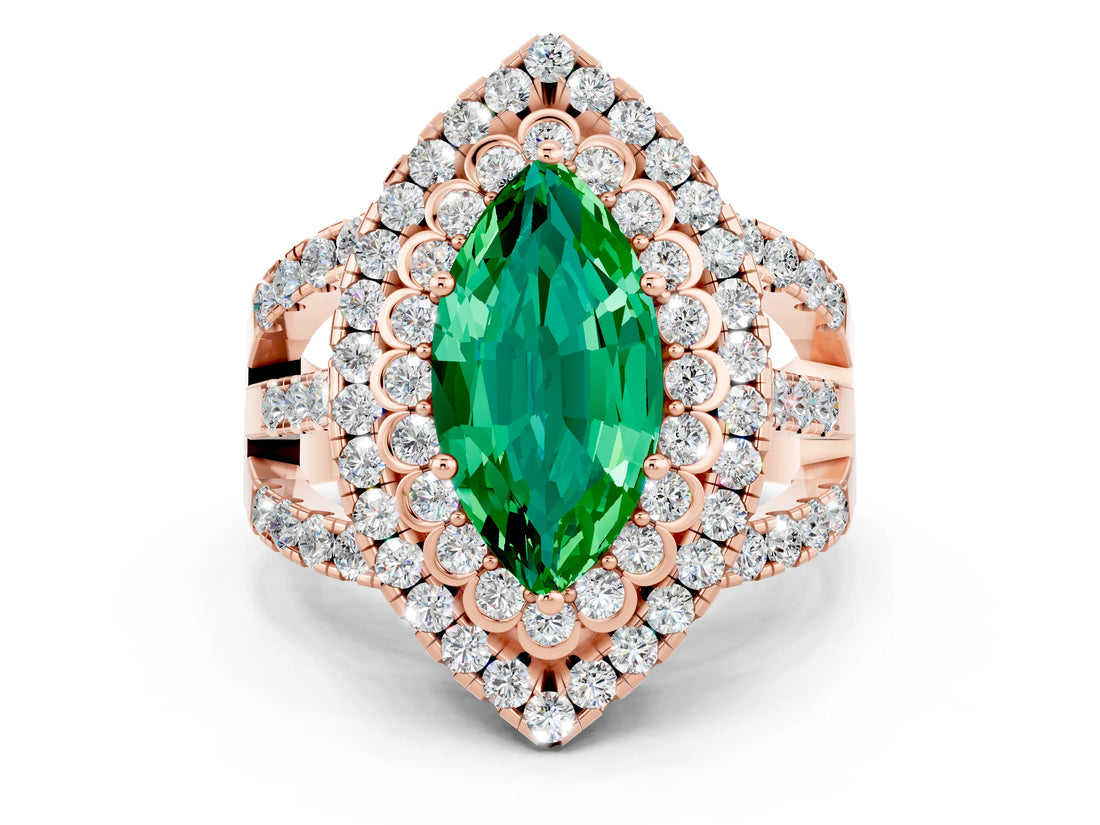 Rose gold Double Halo Marquise Cut Diamond Split Shank Pave Set Ring