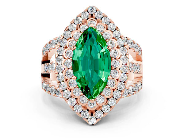 Rose gold Marquise Cut Emerald Double Halo Ring with Round Pavé Split Shank and Prong Setting