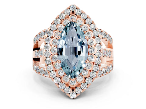 Rose gold Double Halo Marquise Cut Diamond Split Shank Pave Set Ring