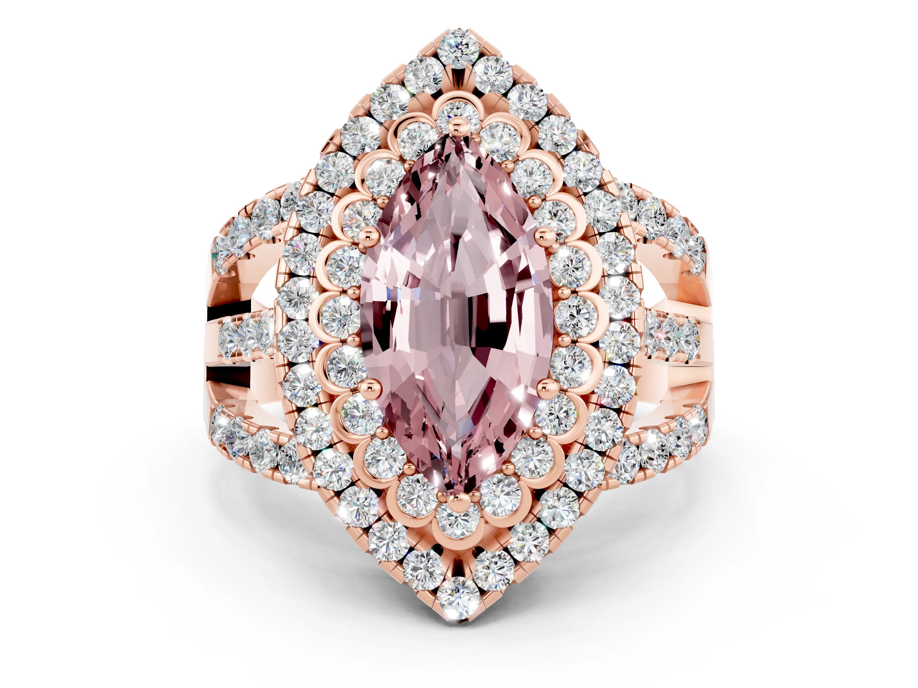 Rose gold Double Halo Marquise Cut Diamond Split Shank Pave Set Ring