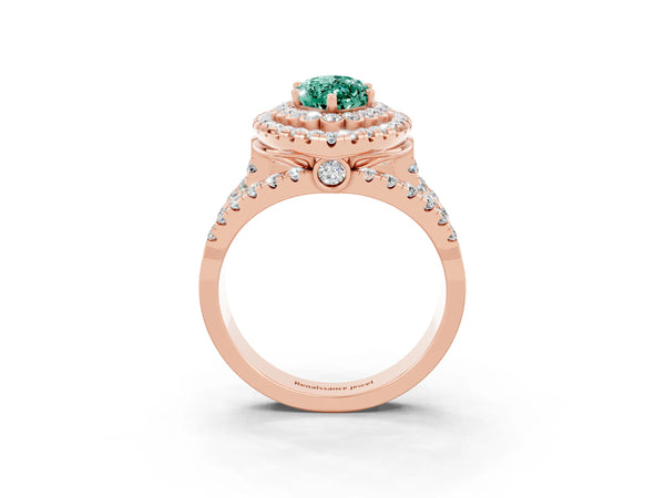 Rose gold Marquise Cut Green Sapphire Double Halo Ring with Round Pavé Split Shank and Prong Setting