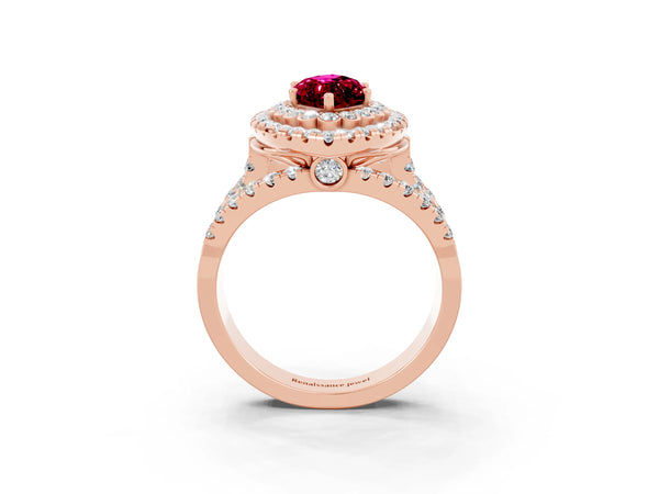 Rose gold Marquise Cut Garnet Double Halo Ring with Round Pavé Split Shank and Prong Setting