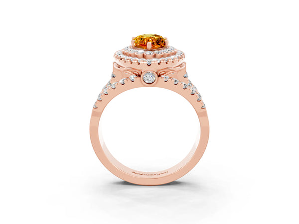 Rose gold Marquise Cut Citrine Double Halo Ring with Round Pavé Split Shank and Prong Setting
