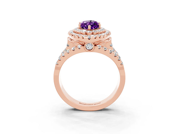 Rose gold Marquise Cut Amethyst Double Halo Ring with Round Pavé Split Shank and Prong Setting