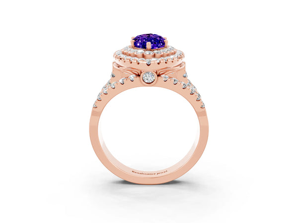 Rose gold Marquise Cut Tanzanite Double Halo Ring with Round Pavé Split Shank and Prong Setting