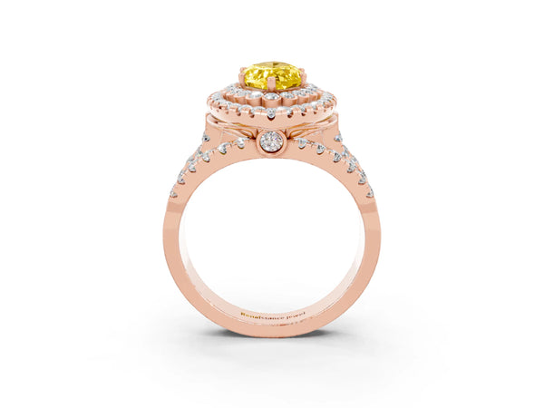 Rose gold Marquise Cut Yellow Sapphire Double Halo Ring with Round Pavé Split Shank and Prong Setting
