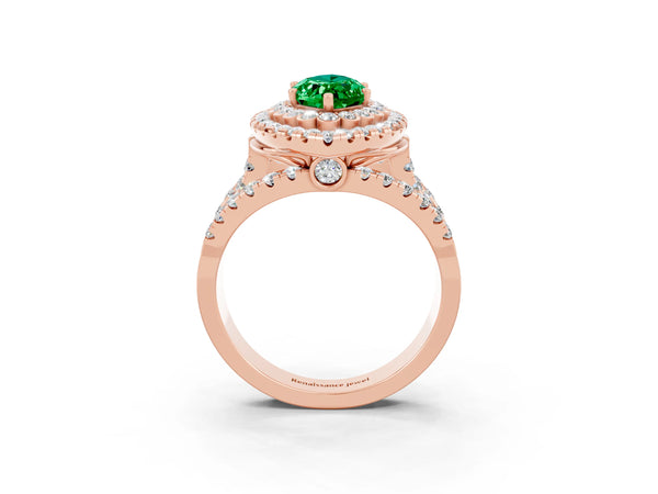 Rose gold Marquise Cut Emerald Double Halo Ring with Round Pavé Split Shank and Prong Setting