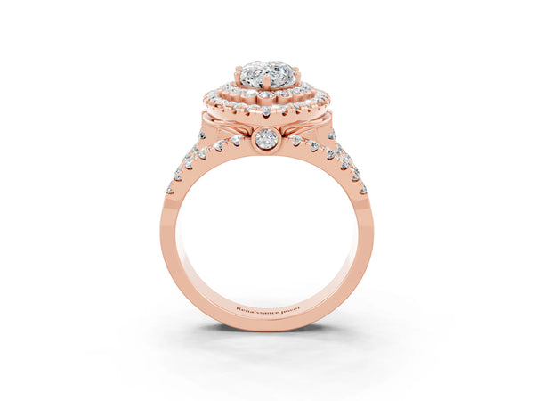 Rose gold Marquise Cut Moissanite Double Halo Ring with Round Pavé Split Shank and Prong Setting