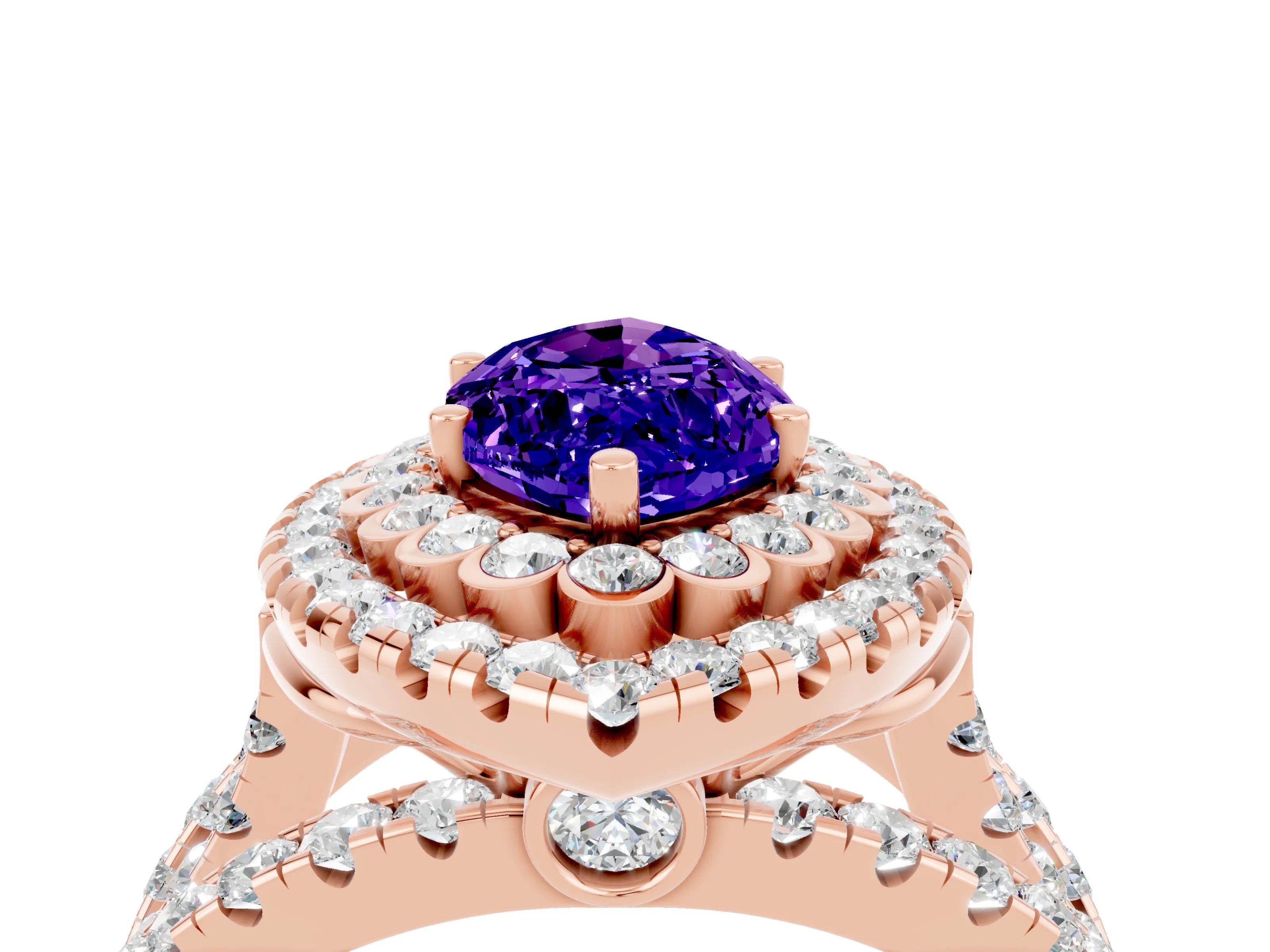 Rose gold Double Halo Marquise Cut Diamond Split Shank Pave Set Ring_4