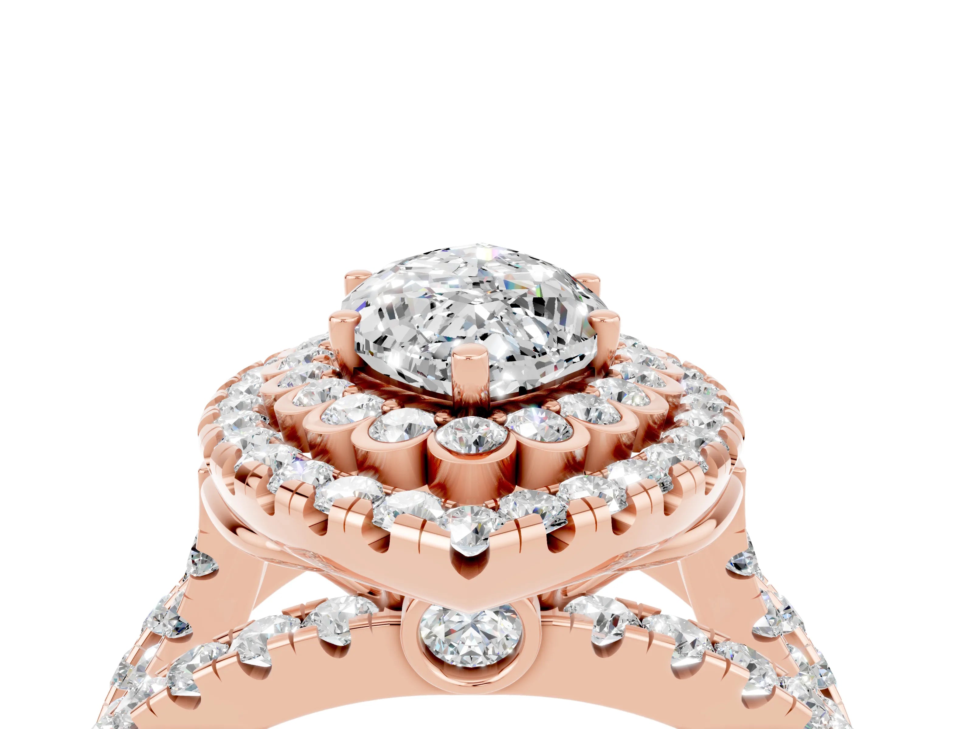 Rose gold Double Halo Marquise Cut Diamond Split Shank Pave Set Ring_4