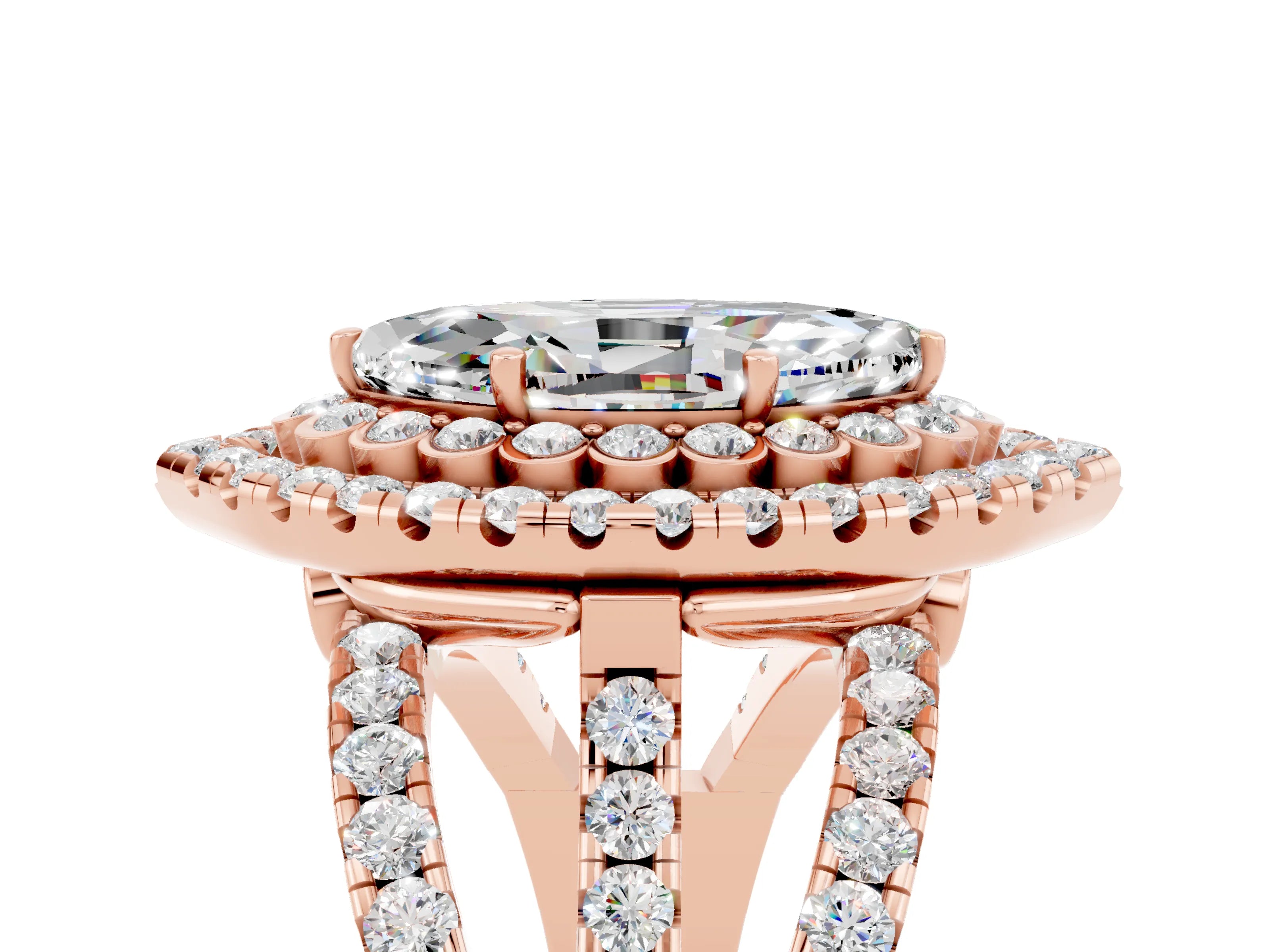 Rose gold Double Halo Marquise Cut Diamond Split Shank Pave Set Ring_5