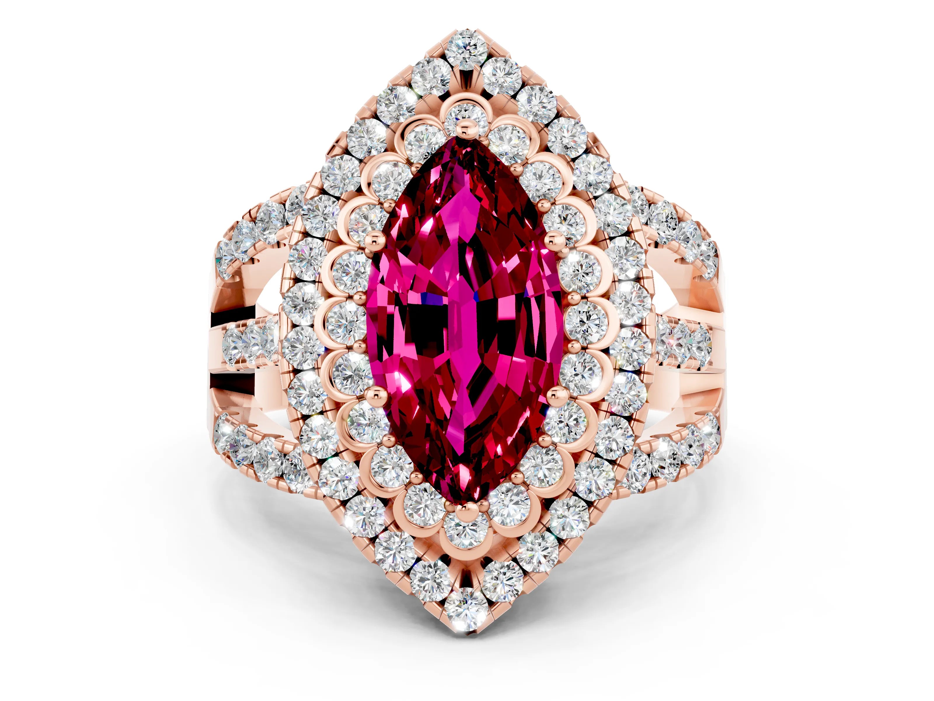 Rose gold Double Halo Marquise Cut Diamond Split Shank Pave Set Ring