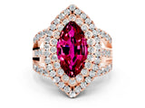 Rose gold Double Halo Marquise Cut Diamond Split Shank Pave Set Ring