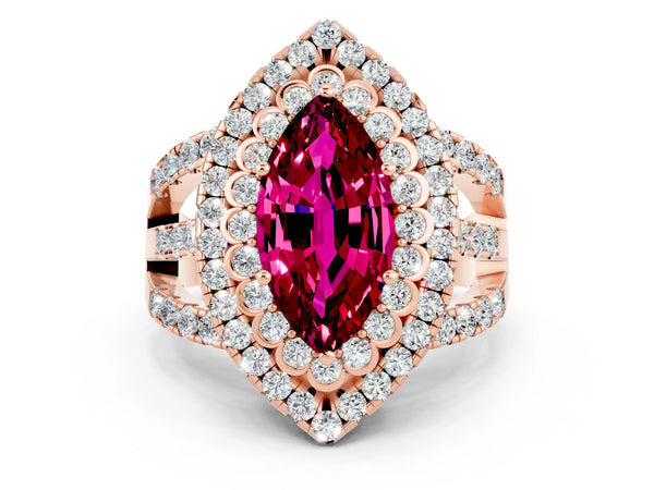 Rose gold Marquise Cut Garnet Double Halo Ring with Round Pavé Split Shank and Prong Setting