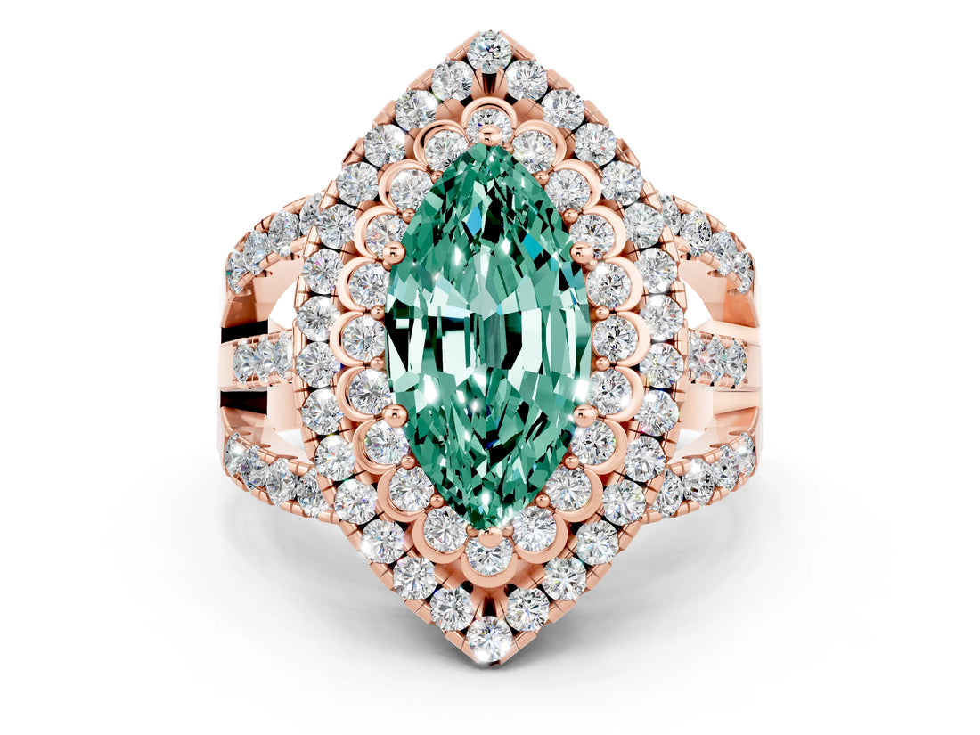 Rose gold Double Halo Marquise Cut Diamond Split Shank Pave Set Ring