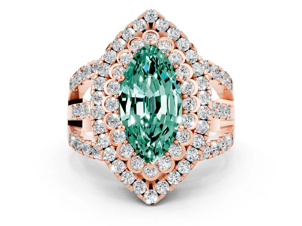 Rose gold Marquise Cut Green Sapphire Double Halo Ring with Round Pavé Split Shank and Prong Setting
