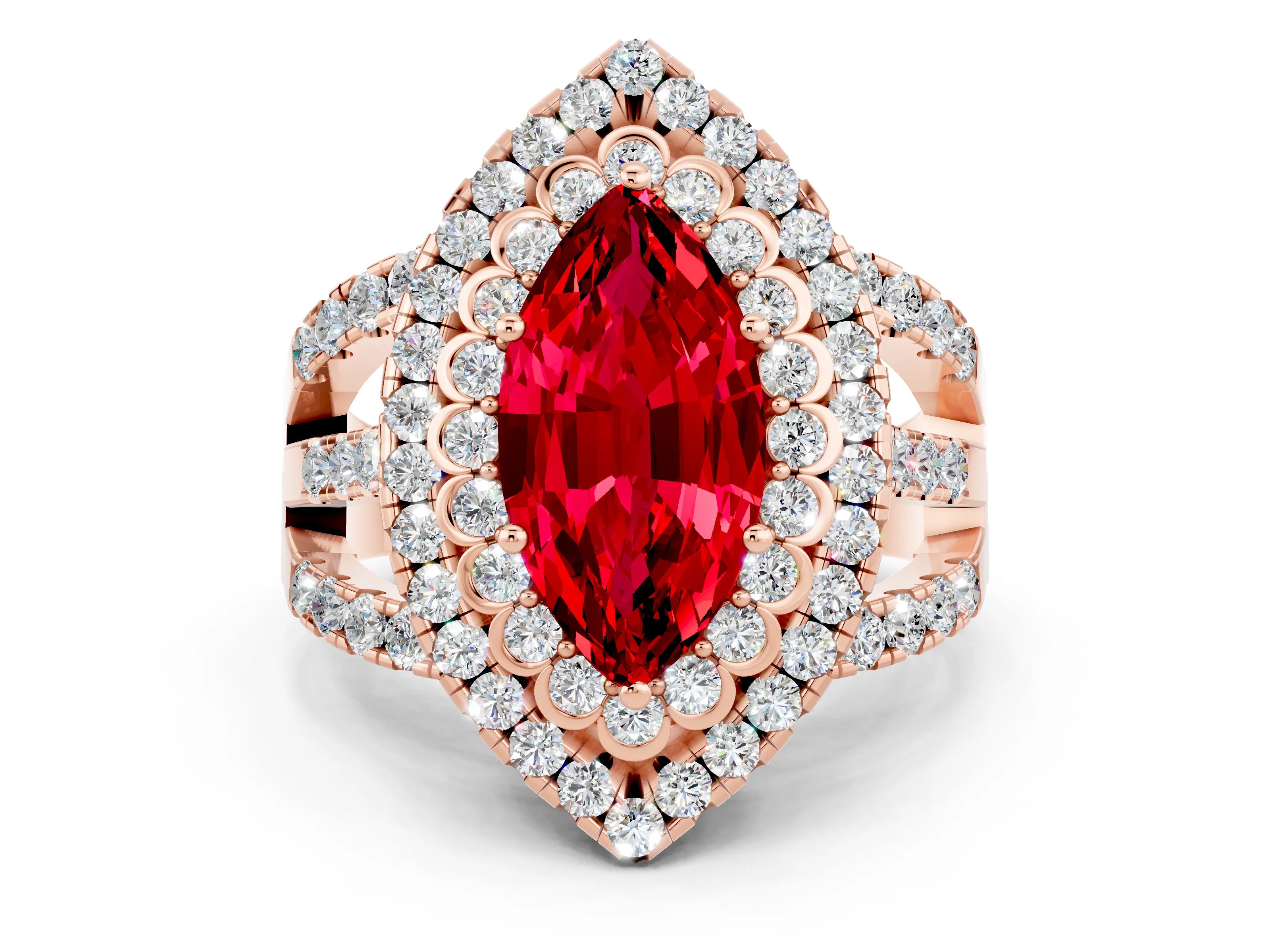 Rose gold Double Halo Marquise Cut Diamond Split Shank Pave Set Ring