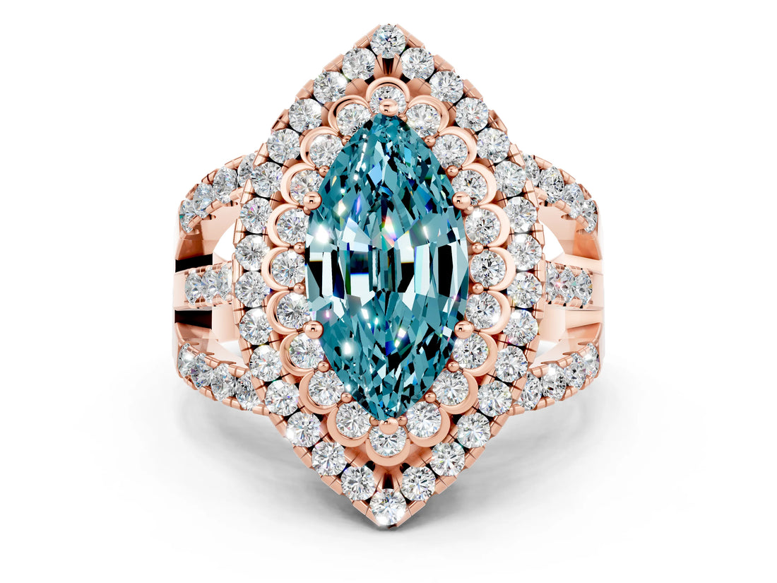 Rose gold Double Halo Marquise Cut Diamond Split Shank Pave Set Ring