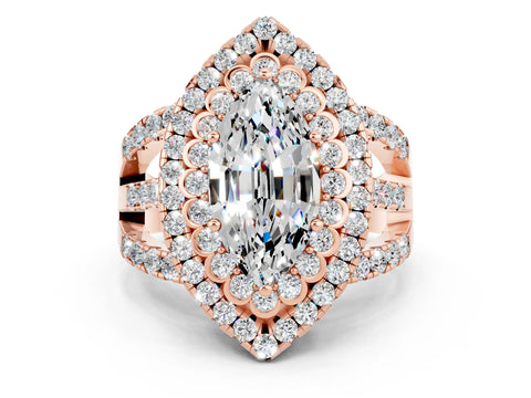Rose gold Double Halo Marquise Cut Diamond Split Shank Pave Set Ring