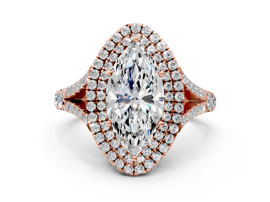 Rose gold Double Halo Marquise Cut Diamond Split Shank Ring with Four Prong Setting_32
