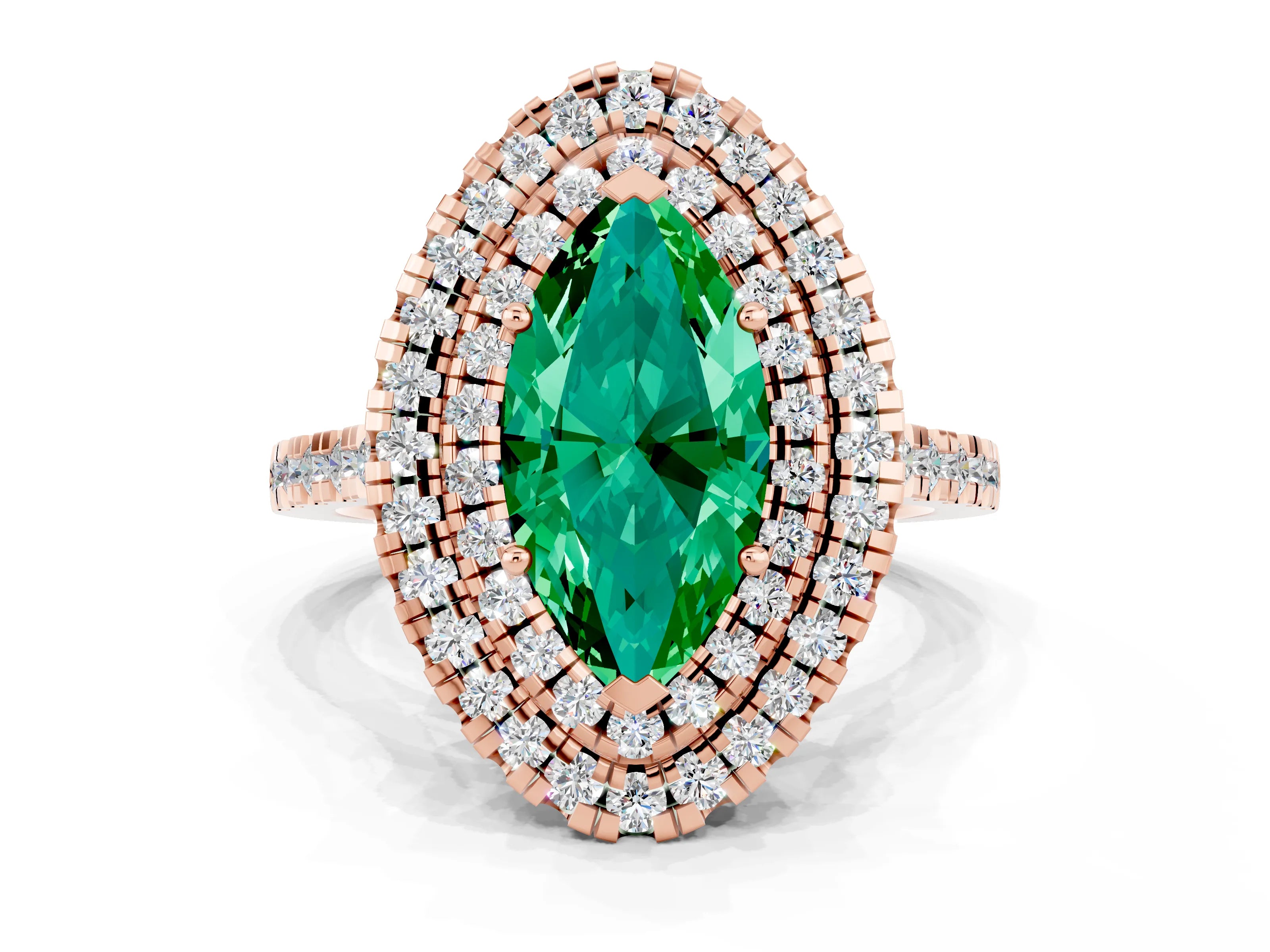 Rose gold Double Halo Marquise Cut Emerald Pavé Band with Four-Prong Setting