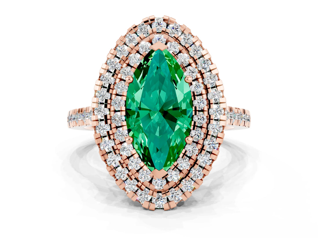 Rose gold Double Halo Marquise Cut Emerald Pavé Band with Four-Prong Setting