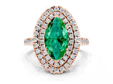 Rose gold Double Halo Marquise Cut Emerald Pavé Band with Four-Prong Setting
