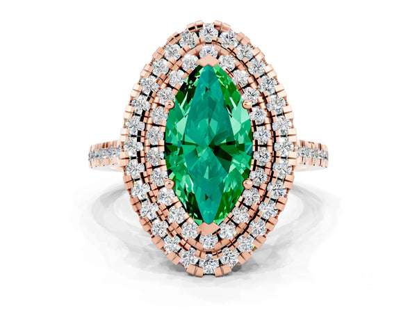 Rose gold Double Halo Marquise Cut Emerald Pavé Band with Four-Prong Setting