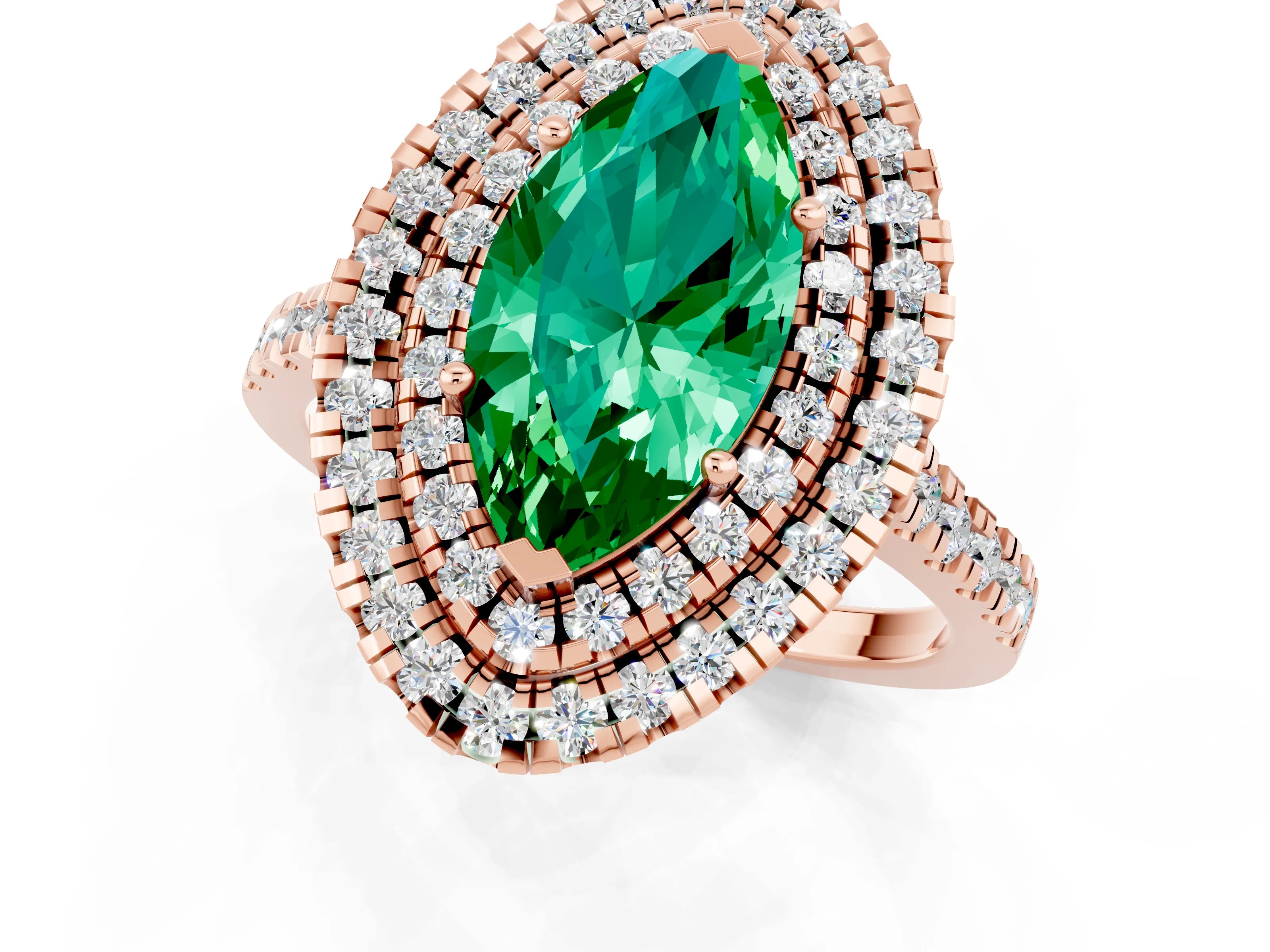 Rose gold Double Halo Marquise Cut Emerald Pavé Band with Four-Prong Setting_1