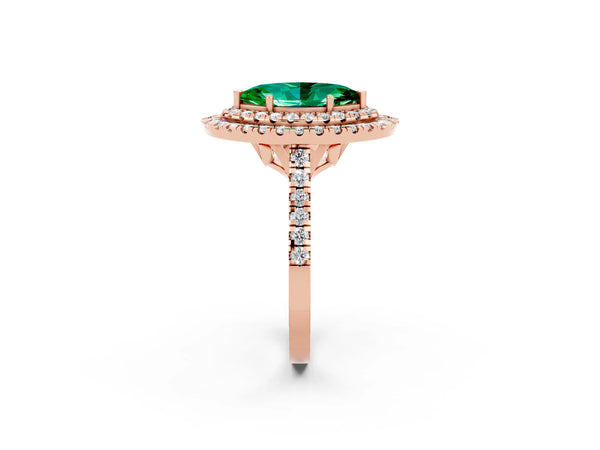 Rose gold Double Halo Marquise Cut Emerald Pavé Band with Four-Prong Setting