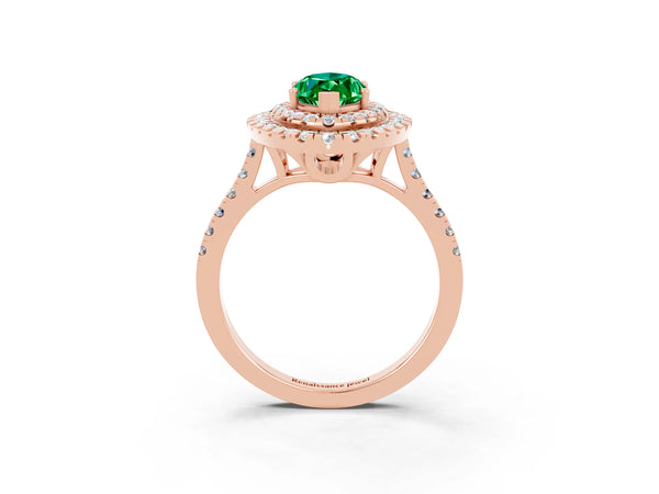 Rose gold Double Halo Marquise Cut Emerald Pavé Band with Four-Prong Setting