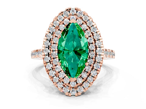 Rose gold Double Halo Marquise Cut Emerald Pavé Band with Four-Prong Setting