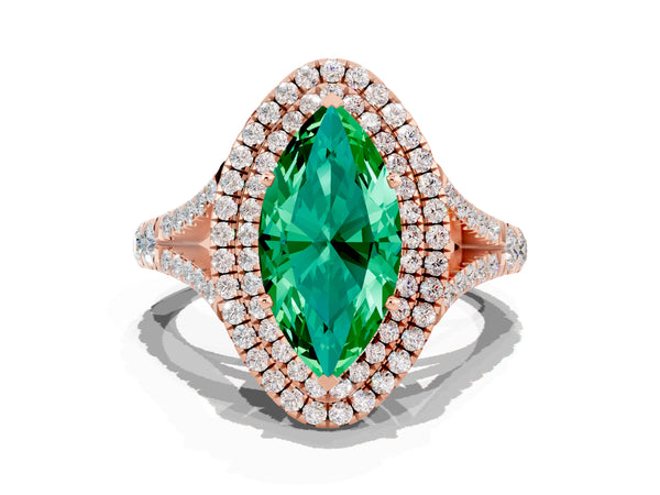 Rose gold Double Halo Marquise Cut Emerald Pavé Split Shank Ring with Prong Setting