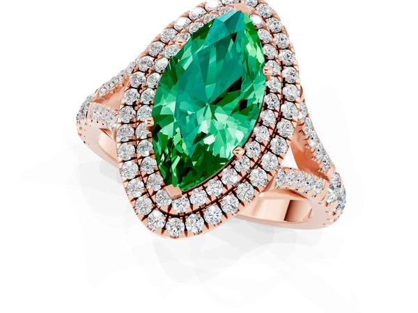 Rose gold Double Halo Marquise Cut Emerald Pavé Split Shank Ring with Prong Setting