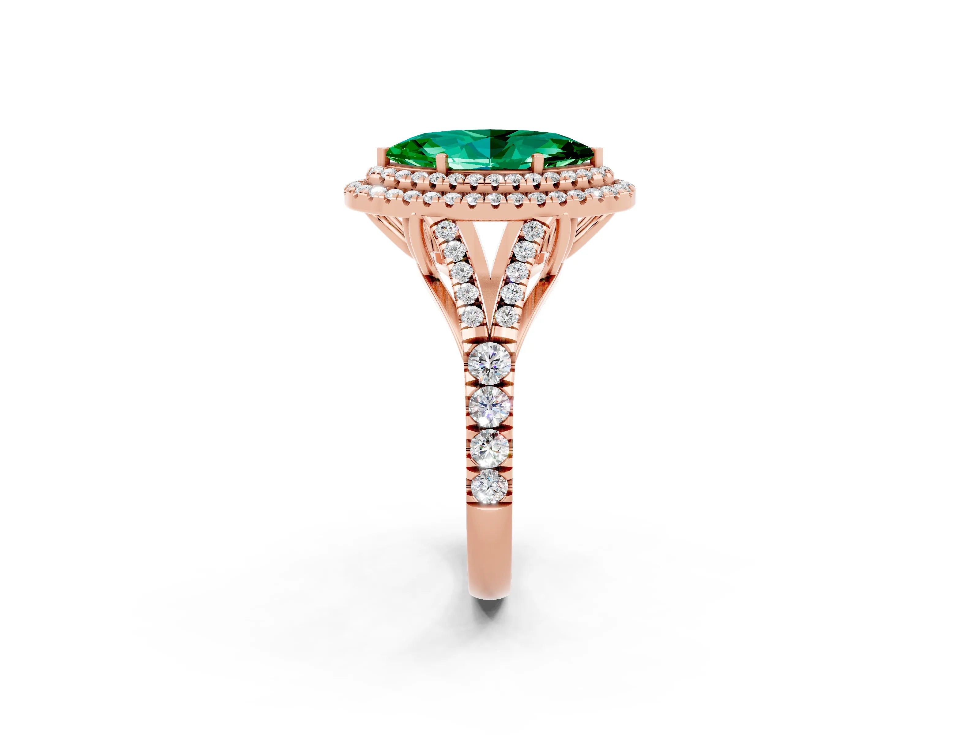 Rose gold Double Halo Marquise Cut Emerald Pavé Split Shank Ring with Prong Setting_2