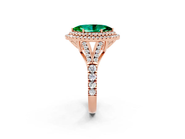 Rose gold Double Halo Marquise Cut Emerald Pavé Split Shank Ring with Prong Setting