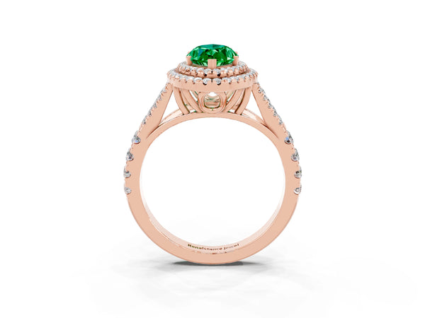 Rose gold Double Halo Marquise Cut Emerald Pavé Split Shank Ring with Prong Setting