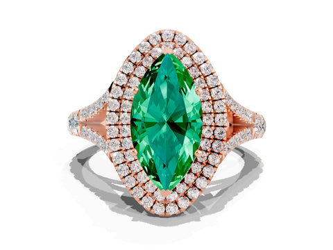 Rose gold Double Halo Marquise Cut Emerald Pavé Split Shank Ring with Prong Setting