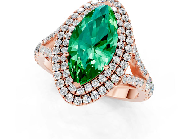 Rose gold Double Halo Marquise Cut Emerald Split Shank Engagement Ring with Four-Prong Setting