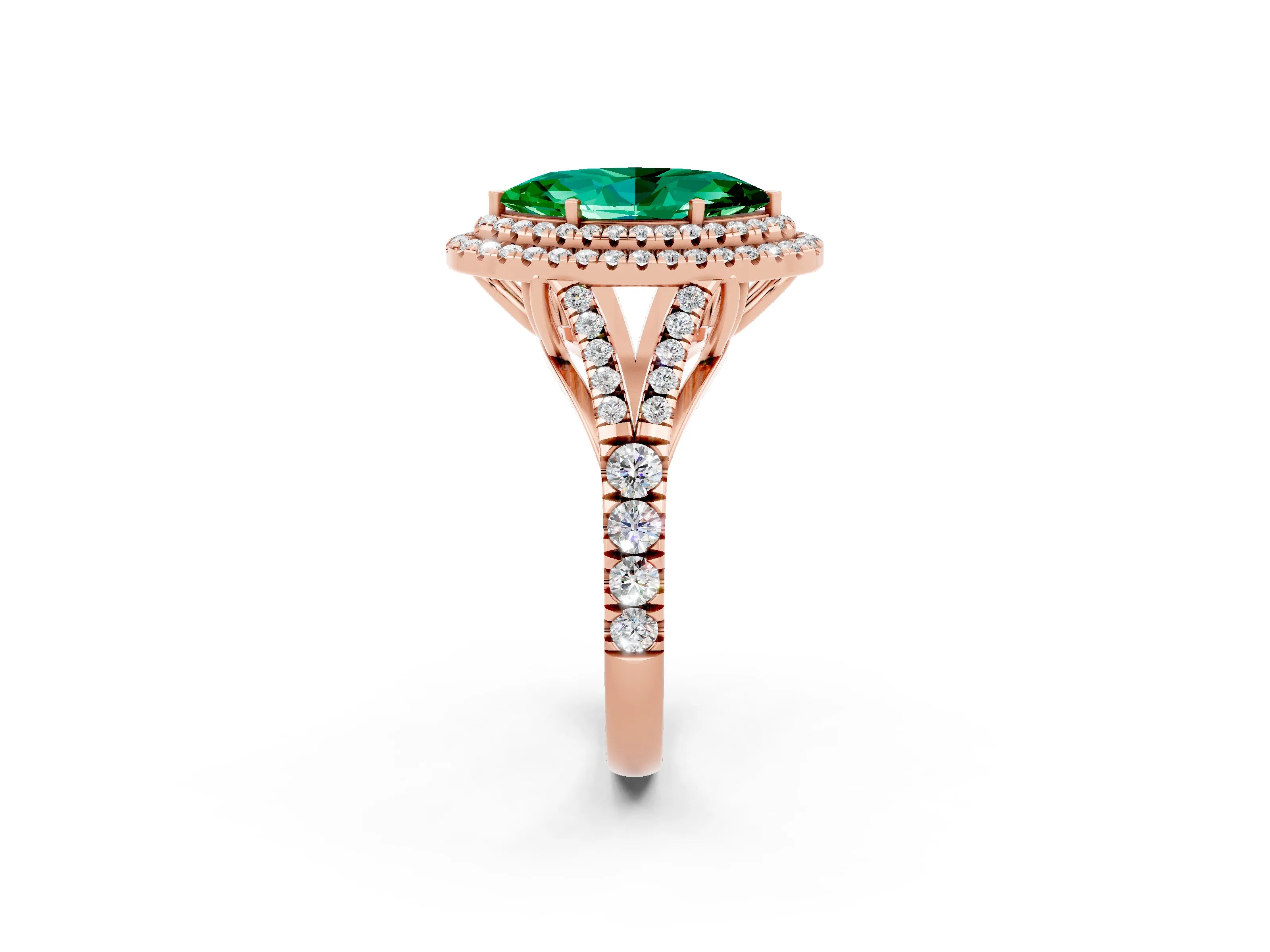 Rose gold Double Halo Marquise Cut Emerald Split Shank Engagement Ring with Four-Prong Setting_2