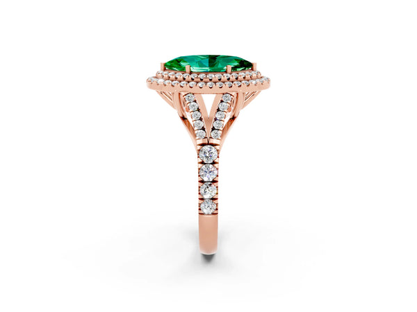 Rose gold Double Halo Marquise Cut Emerald Split Shank Engagement Ring with Four-Prong Setting