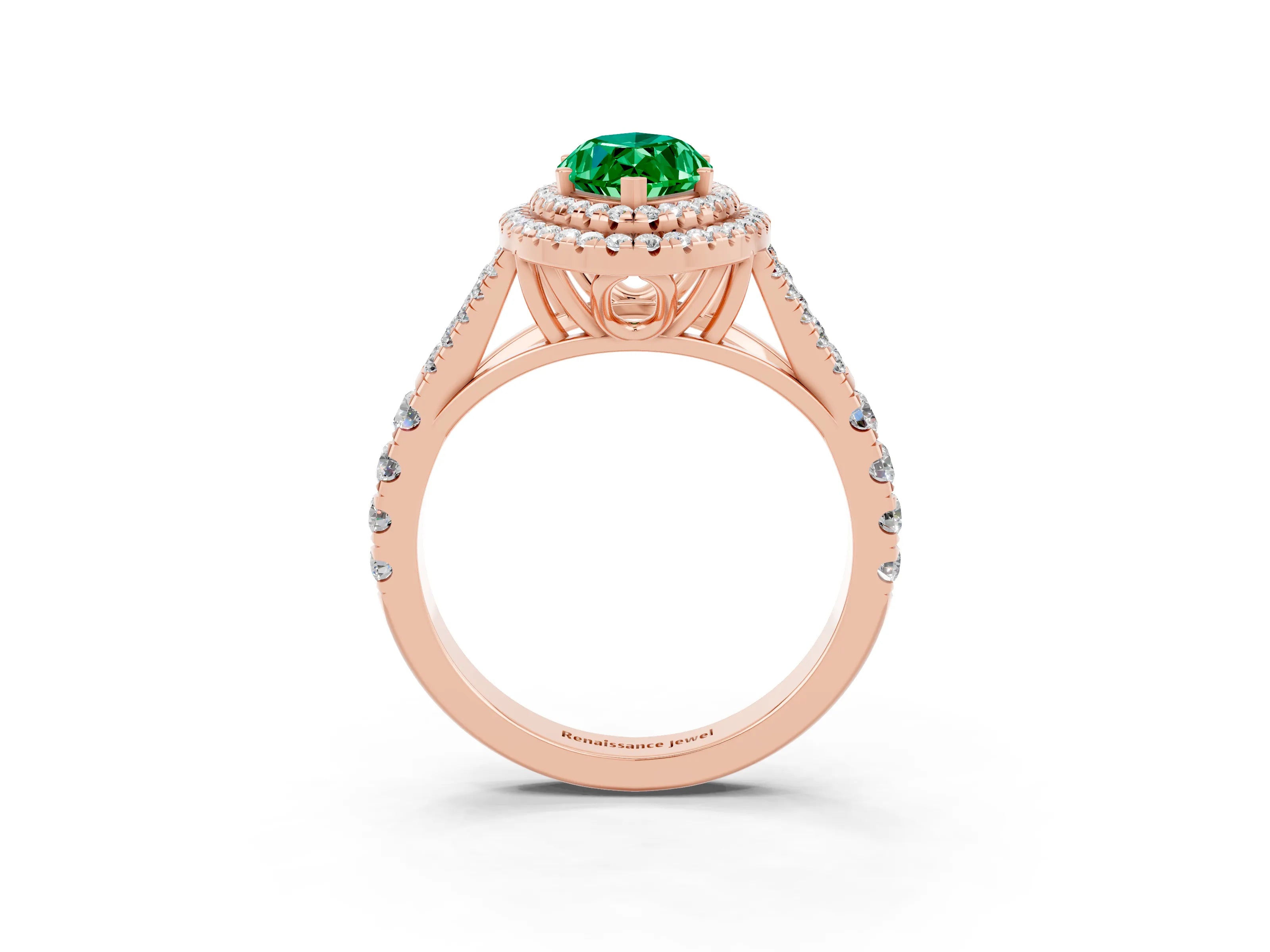 Rose gold Double Halo Marquise Cut Emerald Split Shank Engagement Ring with Four-Prong Setting_3