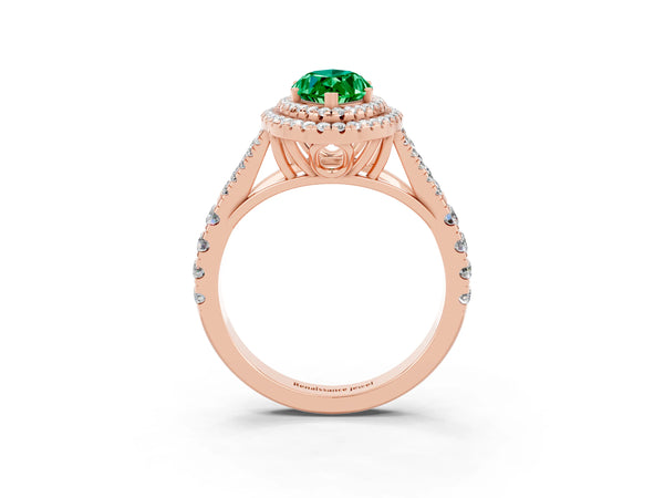 Rose gold Double Halo Marquise Cut Emerald Split Shank Engagement Ring with Four-Prong Setting