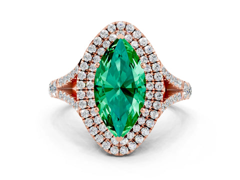 Rose gold Double Halo Marquise Cut Emerald Split Shank Engagement Ring with Four-Prong Setting